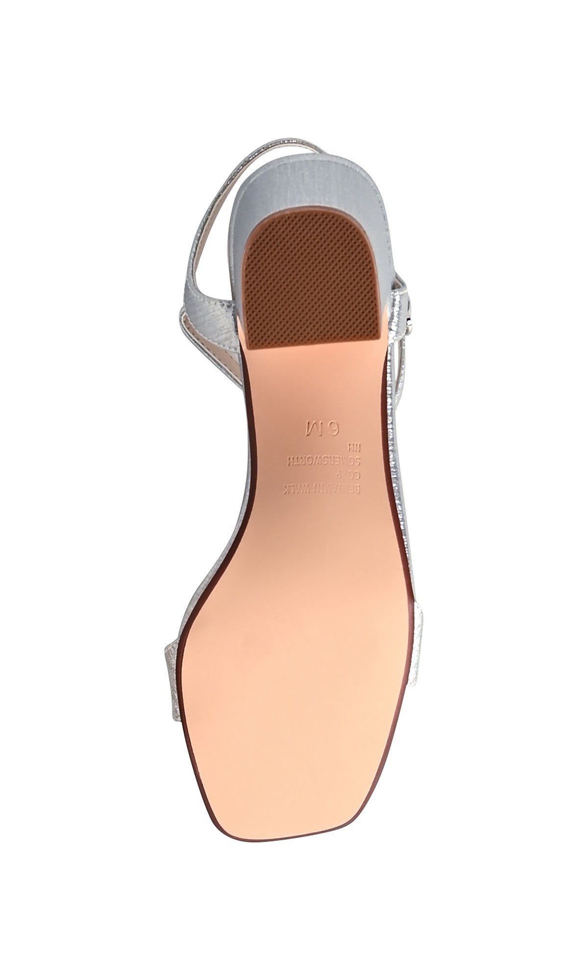 The True Silver Prom Shoes: Touch Ups 4768 are shown from the bottom, displaying a silver glitter block heel, smooth tan sole, and a textured rubber grip at the toe.